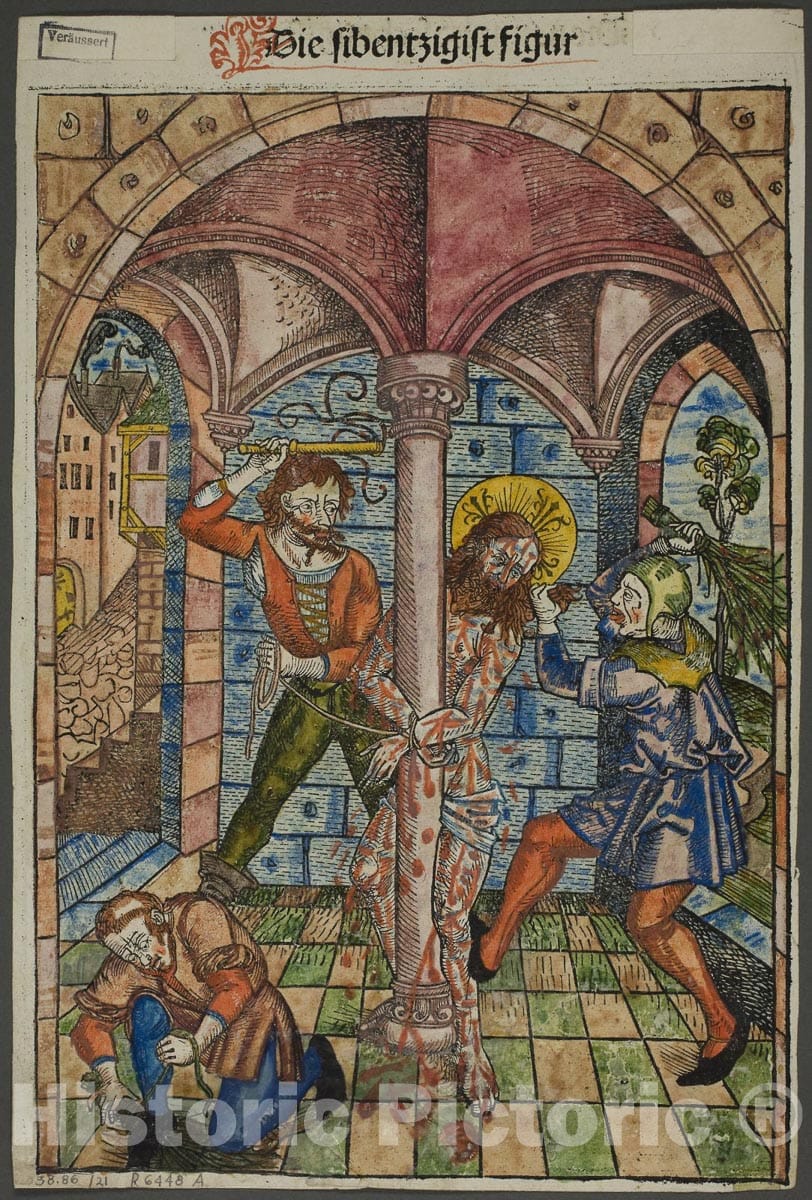 Art Print : The Scourging of Christ (verso), and The Israelites Enslaved in Egypt (recto), Michel Wolgemut, c.1485, Vintage Wall Decor :