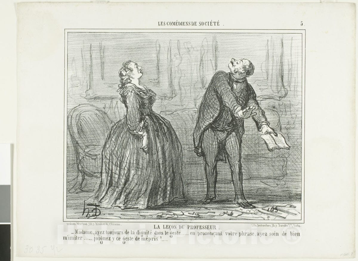 Art Print : The Lesson of the Professor, plate five from Les Comediens de Societe, Honore Victorin Daumier, c.1843, Vintage Wall Decor :