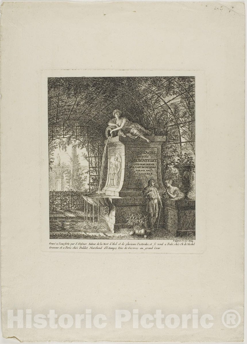 Art Print : The Trellised Fountain, frontispiece from Paysages Dedies Ã  M. Warelet, Salomon Gessner, c.1745, Vintage Wall Decor :