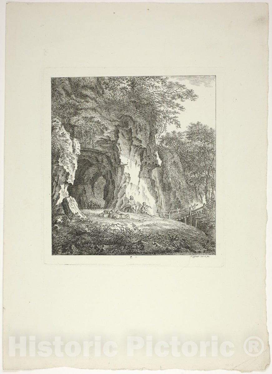 Art Print : Shepherds and Sheep Resting Under a Bridge, plate seven from Paysages Dedies Ã  M. Warelet, Salomon Gessner, c.1726, Vintage Wall Decor :
