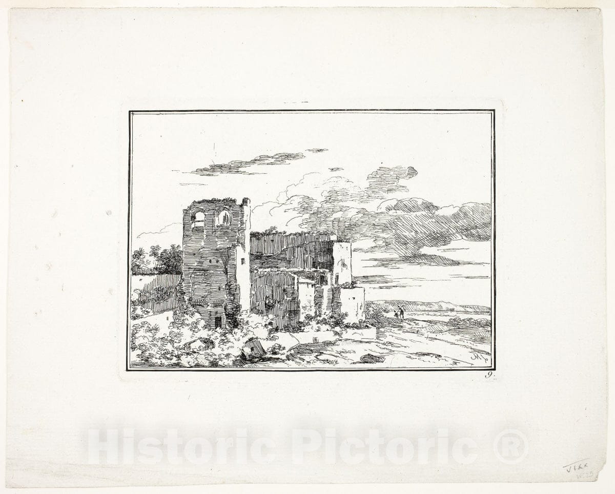 Art Print : Ruined Buildings near a River Bank, plate nine from Quatrieme, Louis Gabriel Moreau, c 1nine66, Vintage Wall Decor :