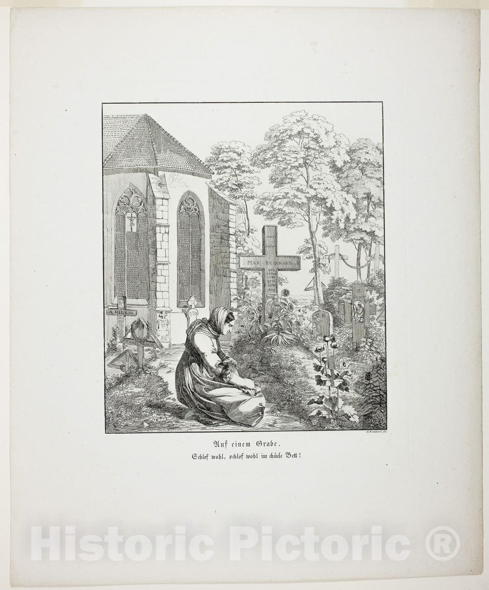 Art Print : On a Grave, plate nine from Zehn BlÃ¤tter zu Hebels Alemannischen Gedichten, Sophie Reinhard, c 1805, Vintage Wall Decor :