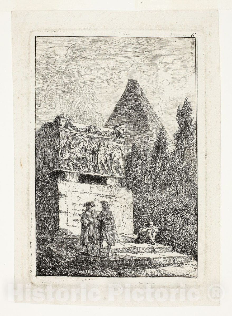 Art Print : Landscape with Pyramid and Sarcophagus, plate six from Les Soirees de Rome, Hubert Robert, c.1654, Vintage Wall Decor :