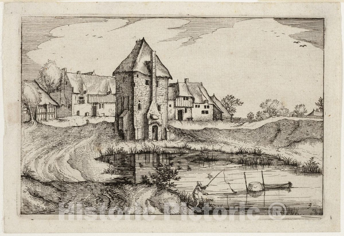 Art Print : The Pond, plate nine after Pictures of Farms, Country Houses and Rustic Villages, Claes Jansz. Visscher, II, c.1612, Vintage Wall Decor :