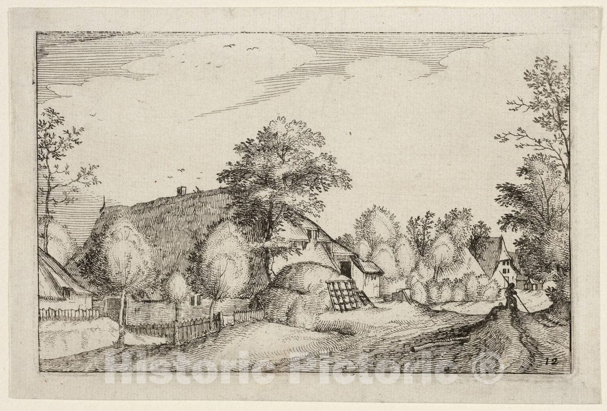 Art Print : Village Road, plate twelve after Pictures of Farms, Country Houses and Rustic Villages, Claes Jansz. Visscher, II, c.1612, Vintage Wall Decor :