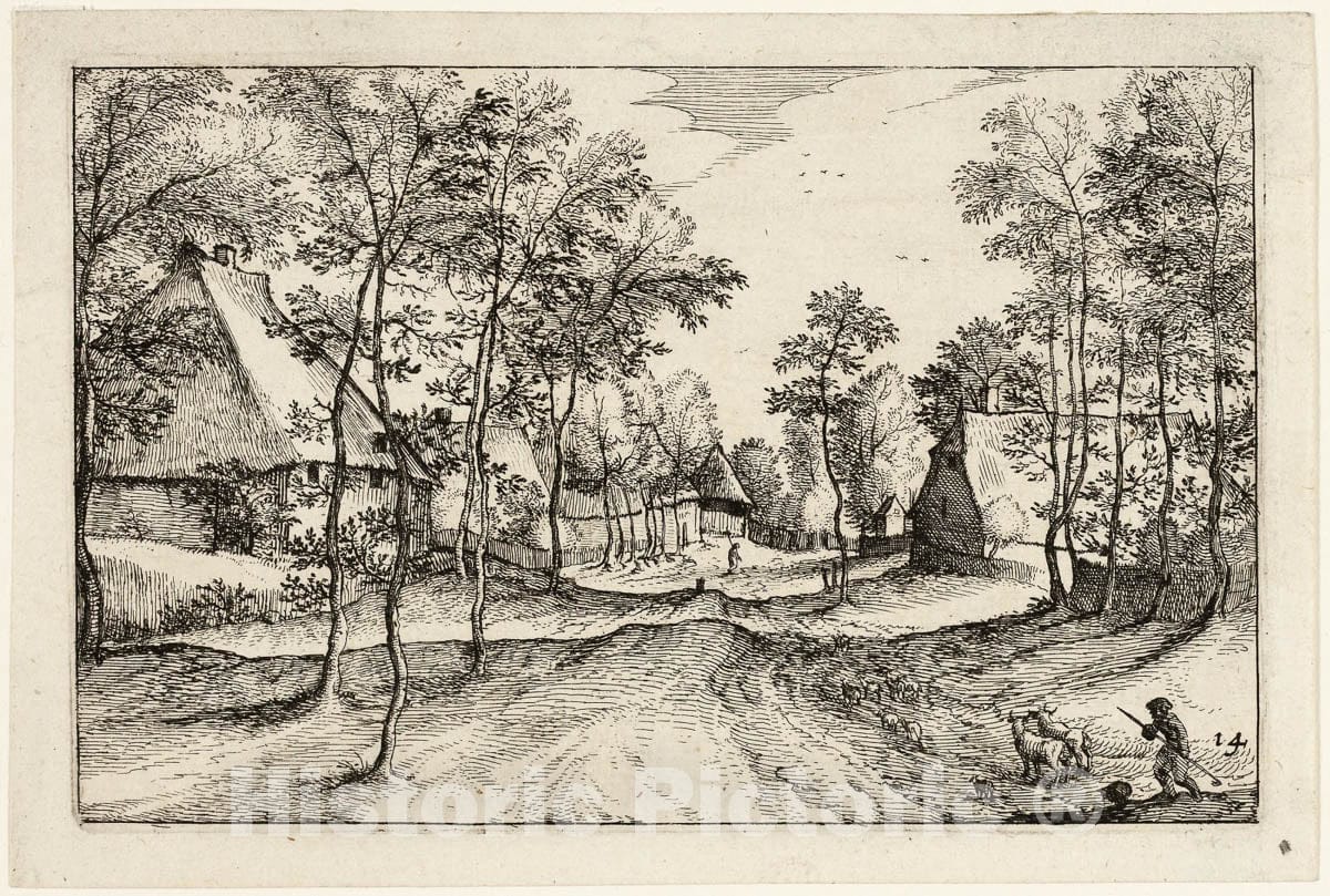 Art Print : Village Road, plate fourteen after Pictures of Farms, Country Houses and Rustic Villages, Claes Jansz. Visscher, II, c.1748, Vintage Wall Decor :