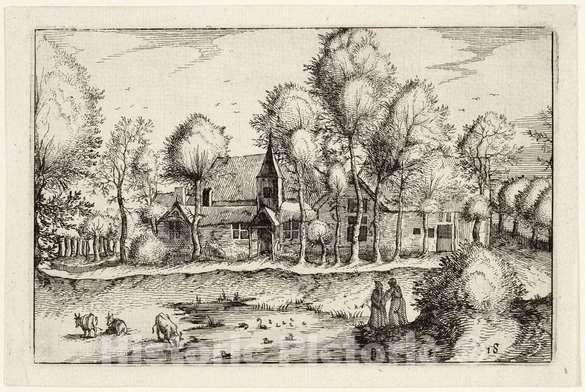Art Print : A Pond, plate eighteen after Pictures of Farms, Country Houses and Rustic Villages, Claes Jansz. Visscher, II, c.1622, Vintage Wall Decor :