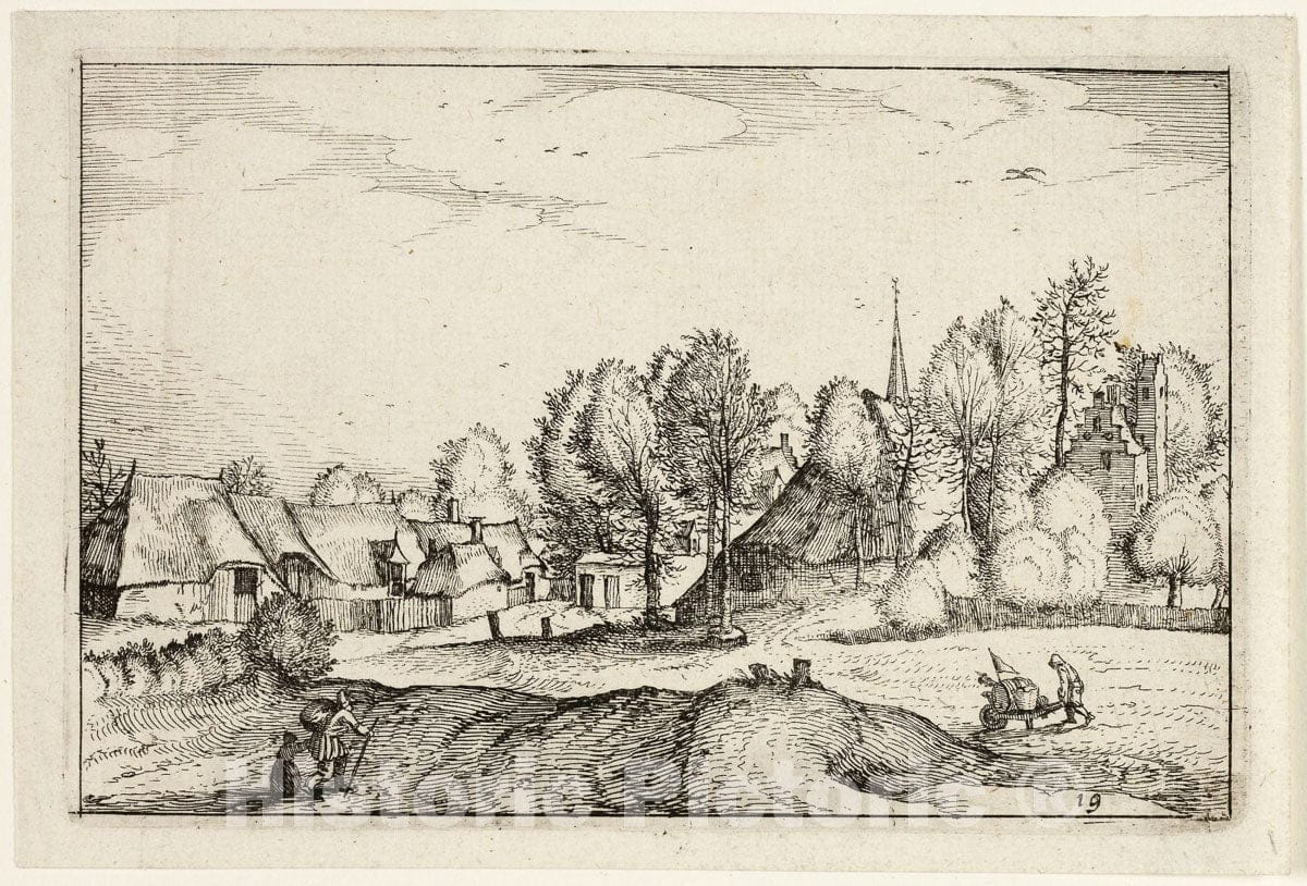 Art Print : Road into a Village, plate nineteen after Pictures of Farms, Country Houses and Rustic Villages, Claes Jansz. Visscher, II, c.1622, Vintage Wall Decor :
