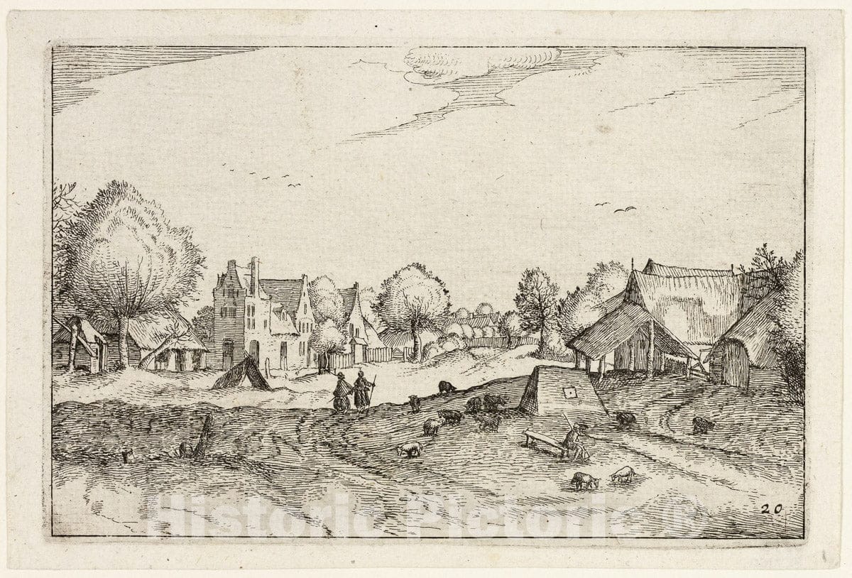 Art Print : Village Road, plate twenty after Pictures of Farms, Country Houses and Rustic Villages, Claes Jansz. Visscher, II, c.1622, Vintage Wall Decor :
