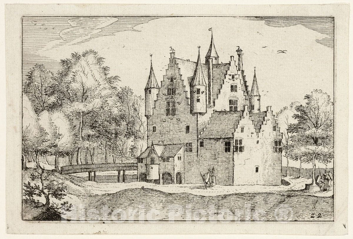 Art Print : A Castle, plate twenty-two after Pictures of Farms, Country Houses and Rustic Villages, Claes Jansz. Visscher, II, c 1911, Vintage Wall Decor :