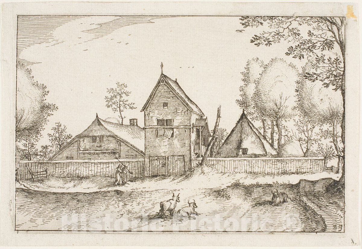 Art Print : Large Walled Farm, plate twenty-three after Pictures of Farms, Country Houses and Rustic Villages, Claes Jansz. Visscher, II, c.1764, Vintage Wall Decor :