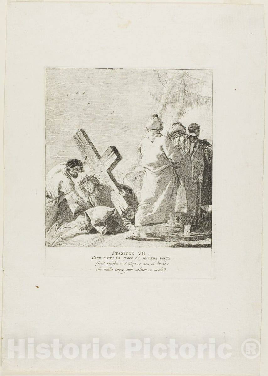 Art Print : Christ Falls Beneath the Cross for the Second Time, plate seven from Stations of the Cross, Giovanni Domenico Tiepolo, c 1945, Vintage Wall Decor :