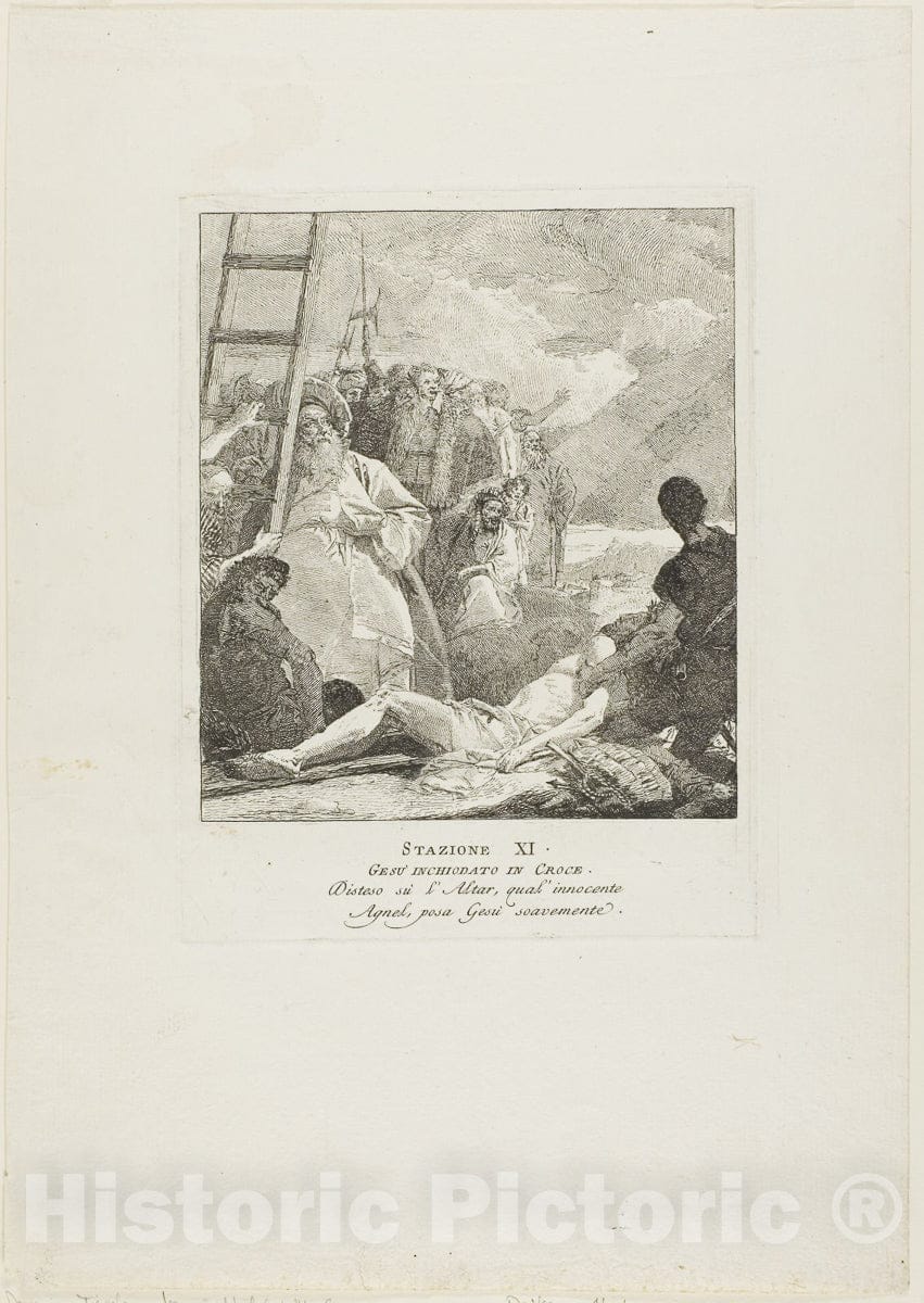 Art Print : Christ is Nailed to the Cross, plate eleven from Stations of the Cross, Giovanni Domenico Tiepolo, c 1945, Vintage Wall Decor :