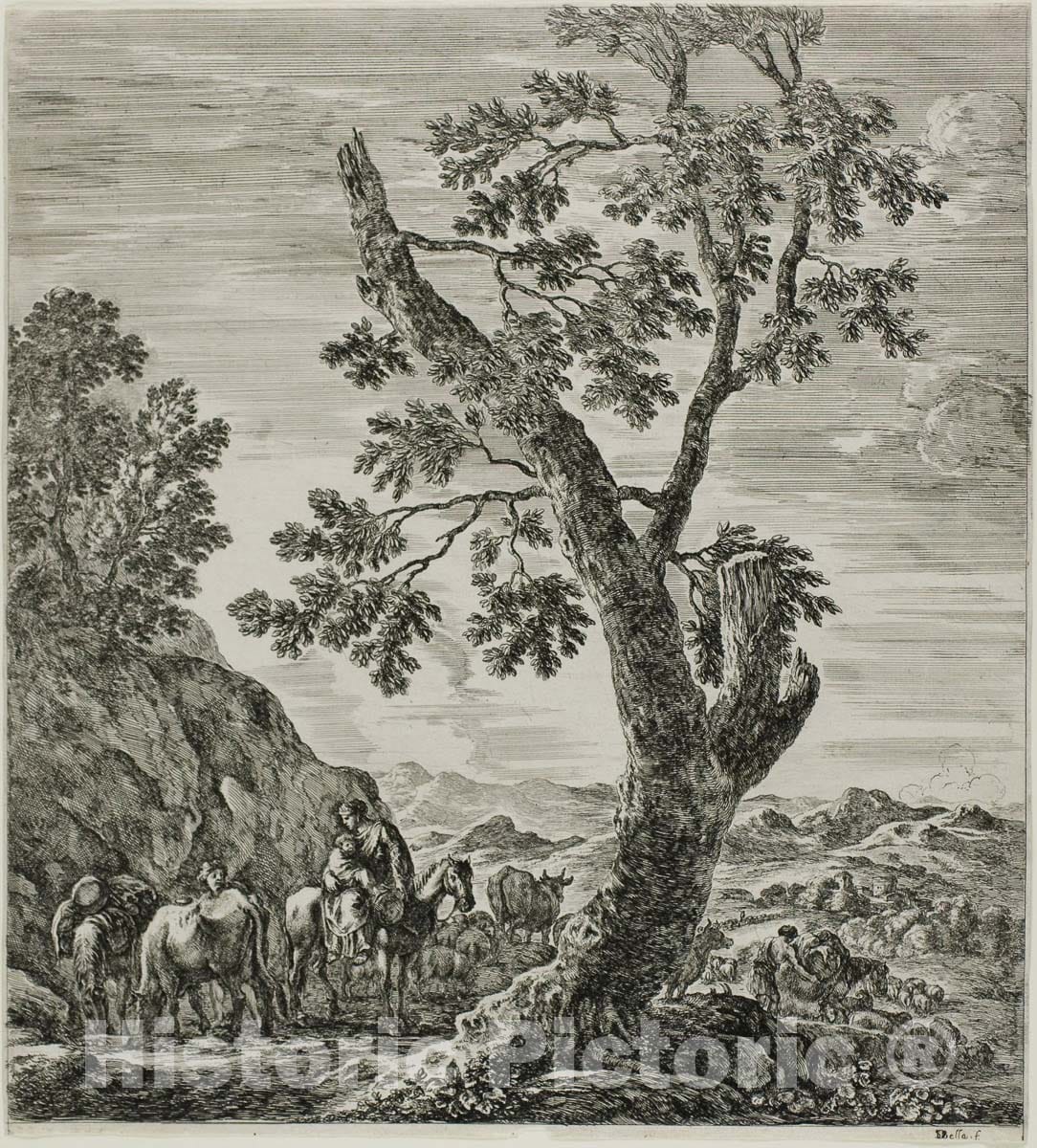 Art Print : Mounted Peasant with a Child in Her Arms, plate six from The Six Large Views of Rome and the Campagna, Stefano della Bella, c.1748, Vintage Wall Decor :