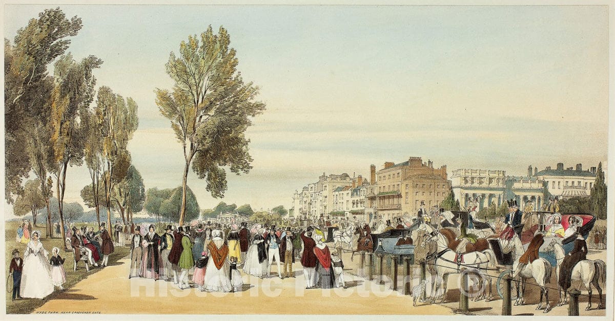 Art Print : Hyde Park Near Crosvenor Gate, plate sixteen from Original Views of London as It Is, Thomas Shotter Boys, c 1842, Vintage Wall Decor :