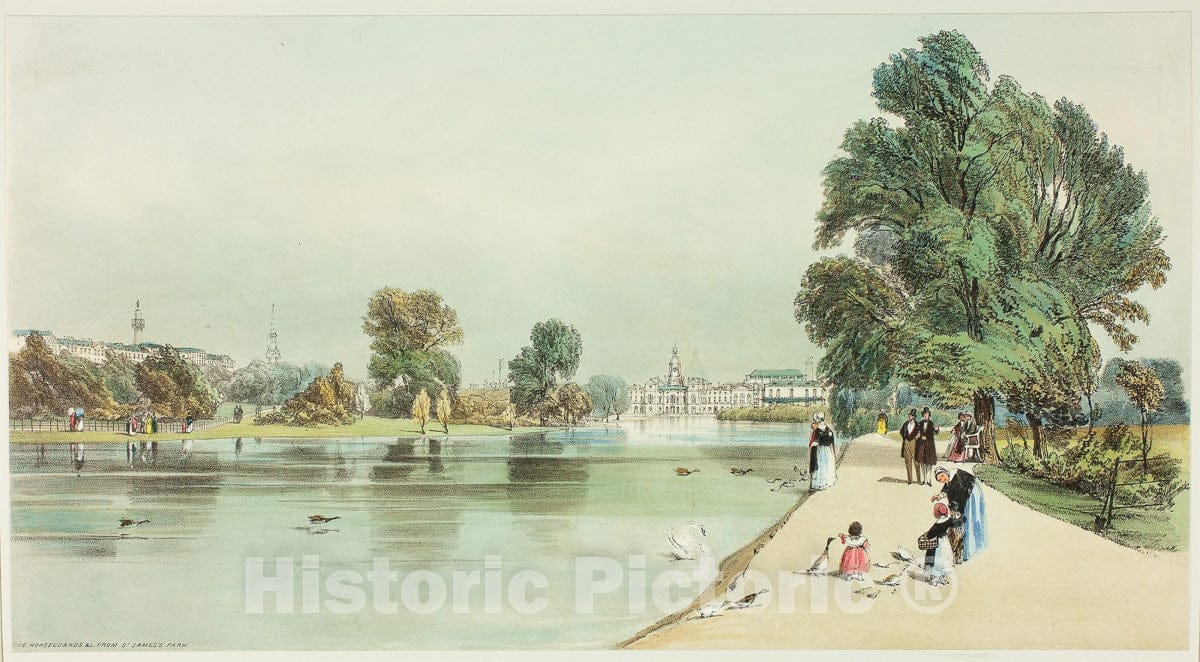 Art Print : The Horseguards from St. Jamess Park, plate fourteen from Original Views of London as It Is, Thomas Shotter Boys, c 1800, Vintage Wall Decor :