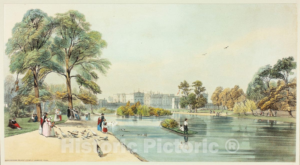 Art Print : Buckingham Palace from St.James Park, plate eleven from Original Views of London as It Is, Thomas Shotter Boys, c.1938, Vintage Wall Decor :