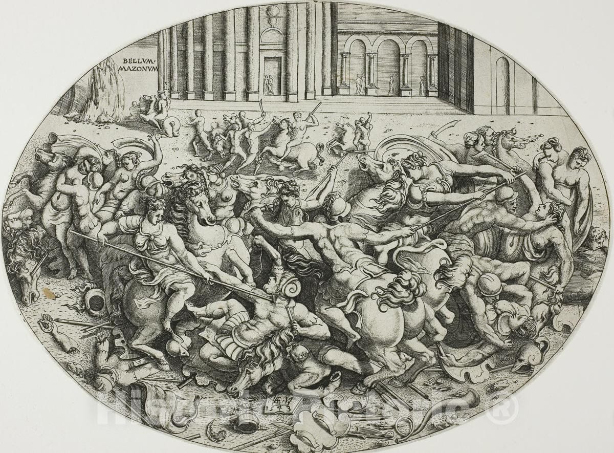 Art Print : The Battle of the Amazons, Enea Vico, c.1638, Vintage Wall Decor :