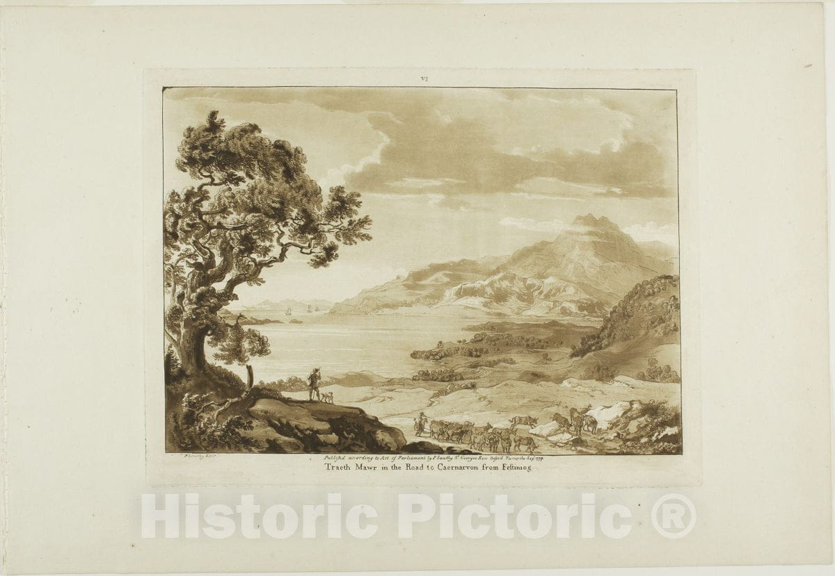 Art Print : Traeth Mawr in the Road to Caernarvan from Fistiniog, Paul Sandby, c 1955, Vintage Wall Decor :