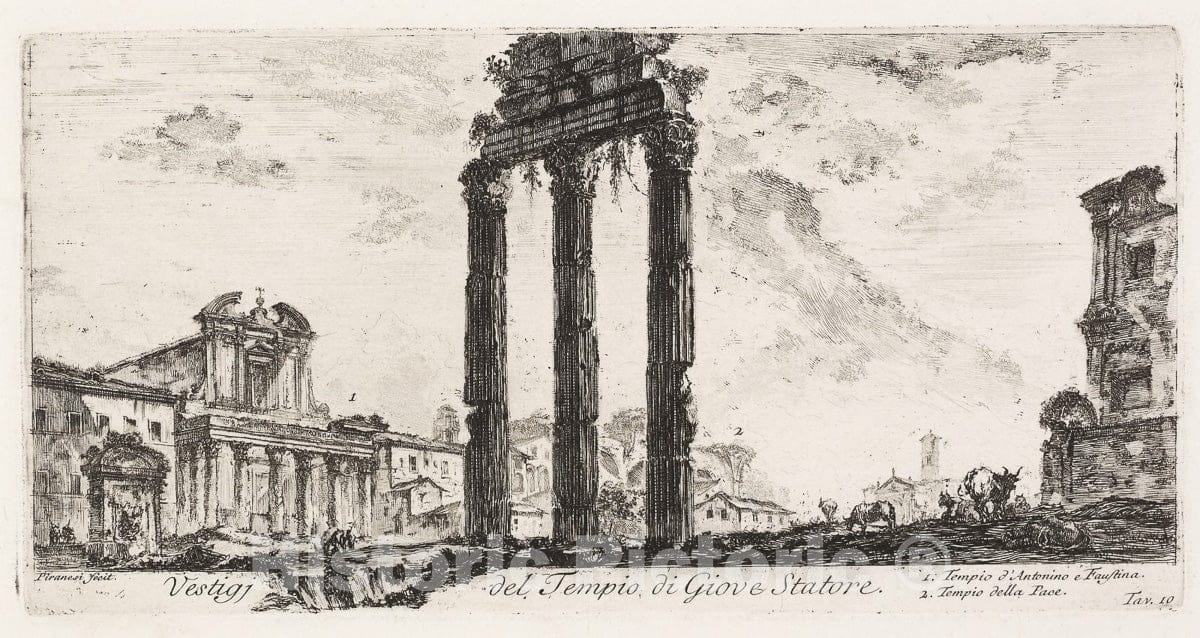 Art Print : Jupiter the Supporter. 1. Temple of Antoninus and Faustina. 2. Temple of Peace, plate 10, Giovanni Battista Piranesi, c.1748, Vintage Wall Decor :