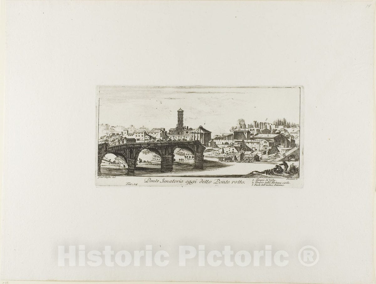 Art Print : Ponte Rotto. 1. Temple of Vesta. 2. Temple of Fortuna Virilis. 3. Part of the ancient Palatine, Giovanni Battista Piranesi, c.1748, Vintage Wall Decor :