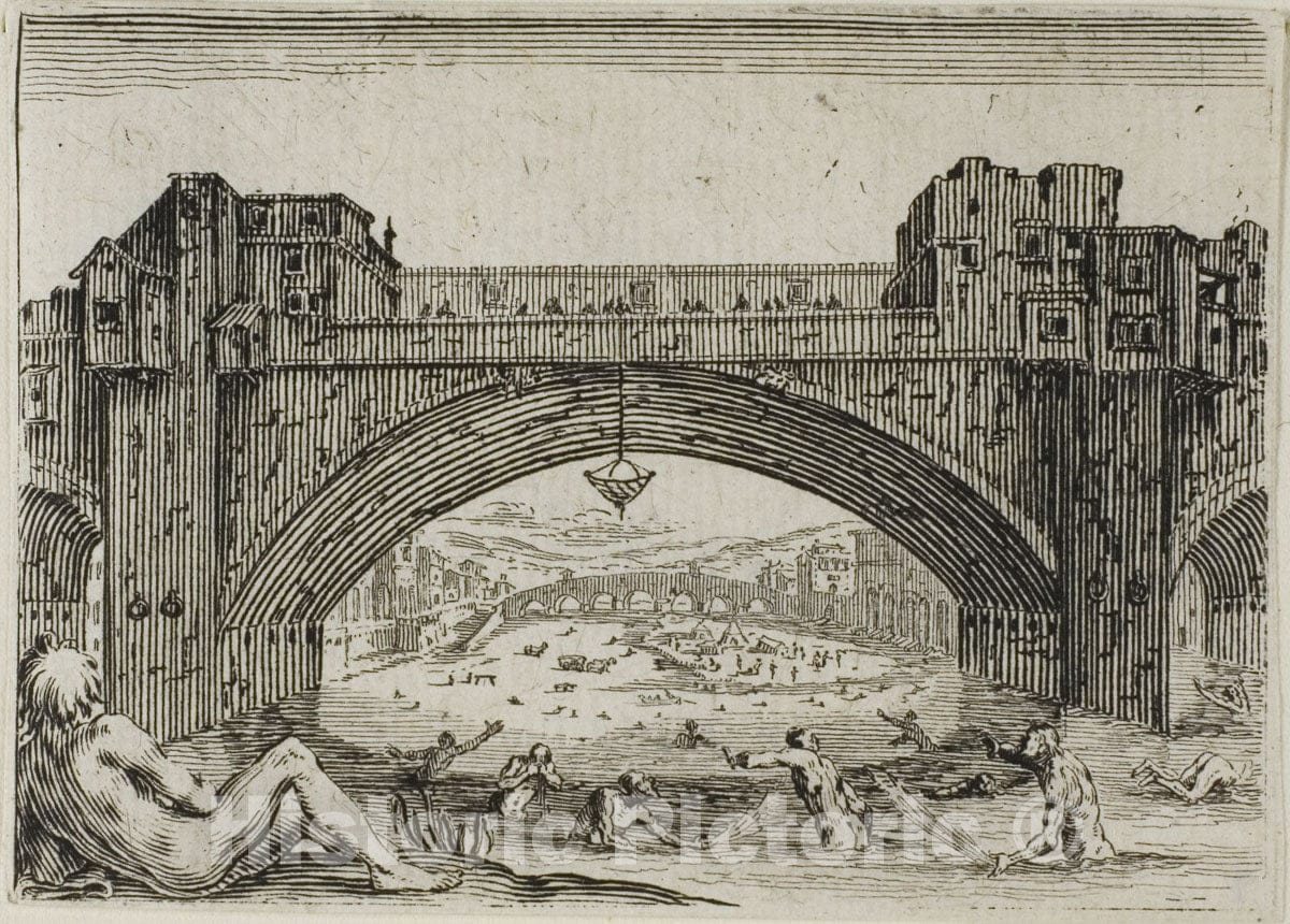 Art Print : The Pont Vecchio in Florence, from The Caprices, Jacques Callot, c.1622, Vintage Wall Decor :