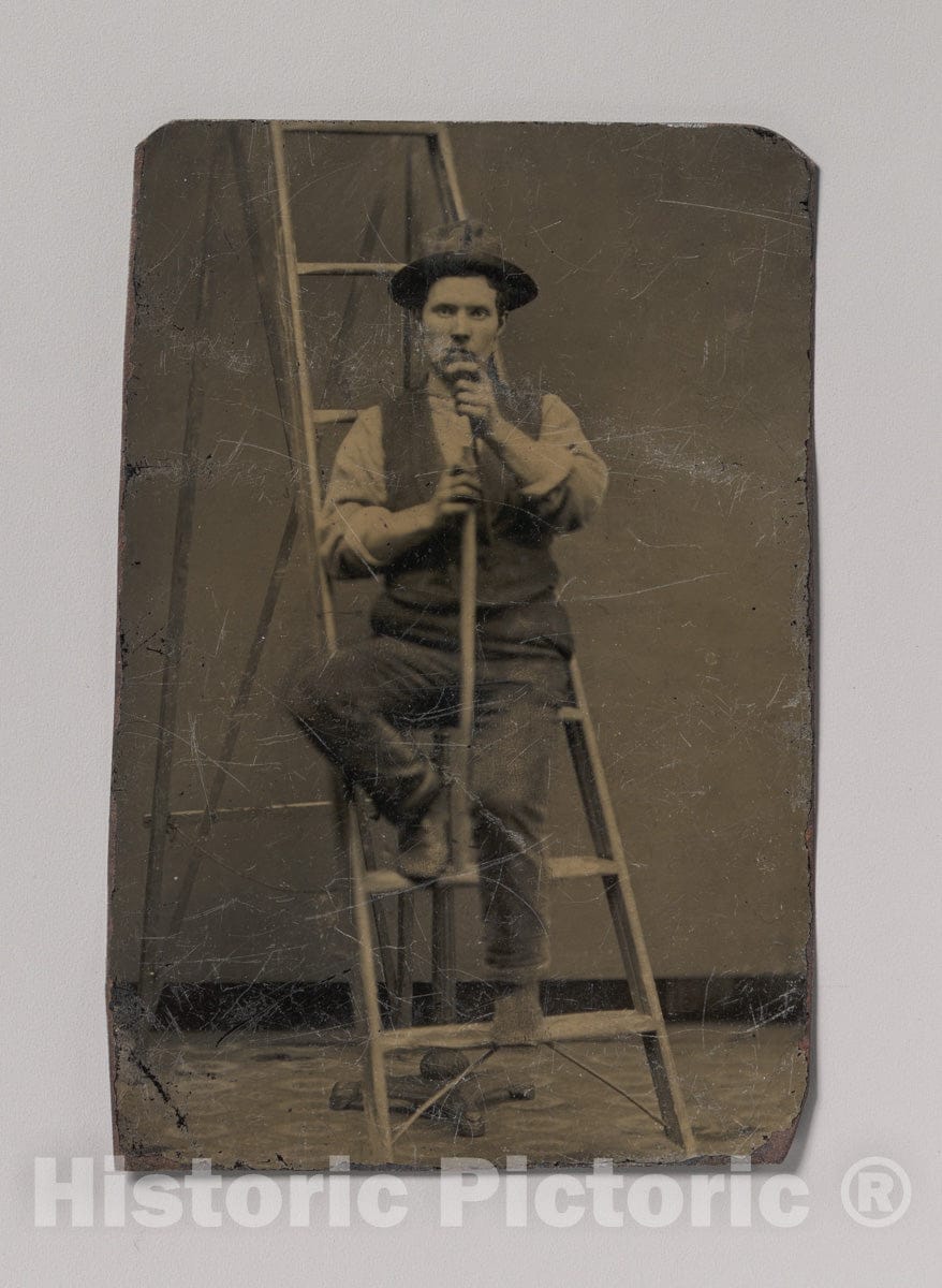 Art Print : Man on a Ladder - Artist Unknown : Vintage Wall Art