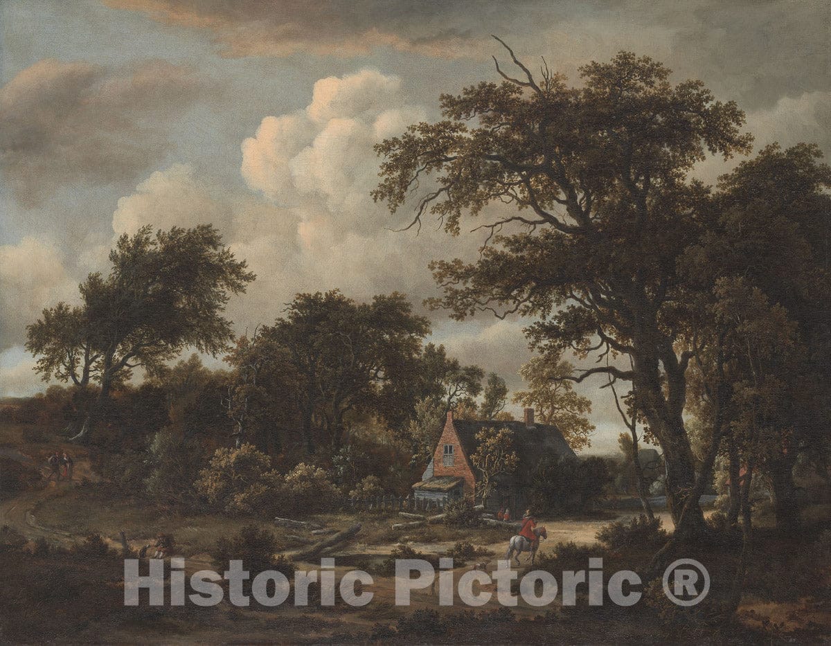 Art Print : Wooded Landscape with Cottage and Horseman, Meindert Hobbema, 1663, Vintage Wall Decor :