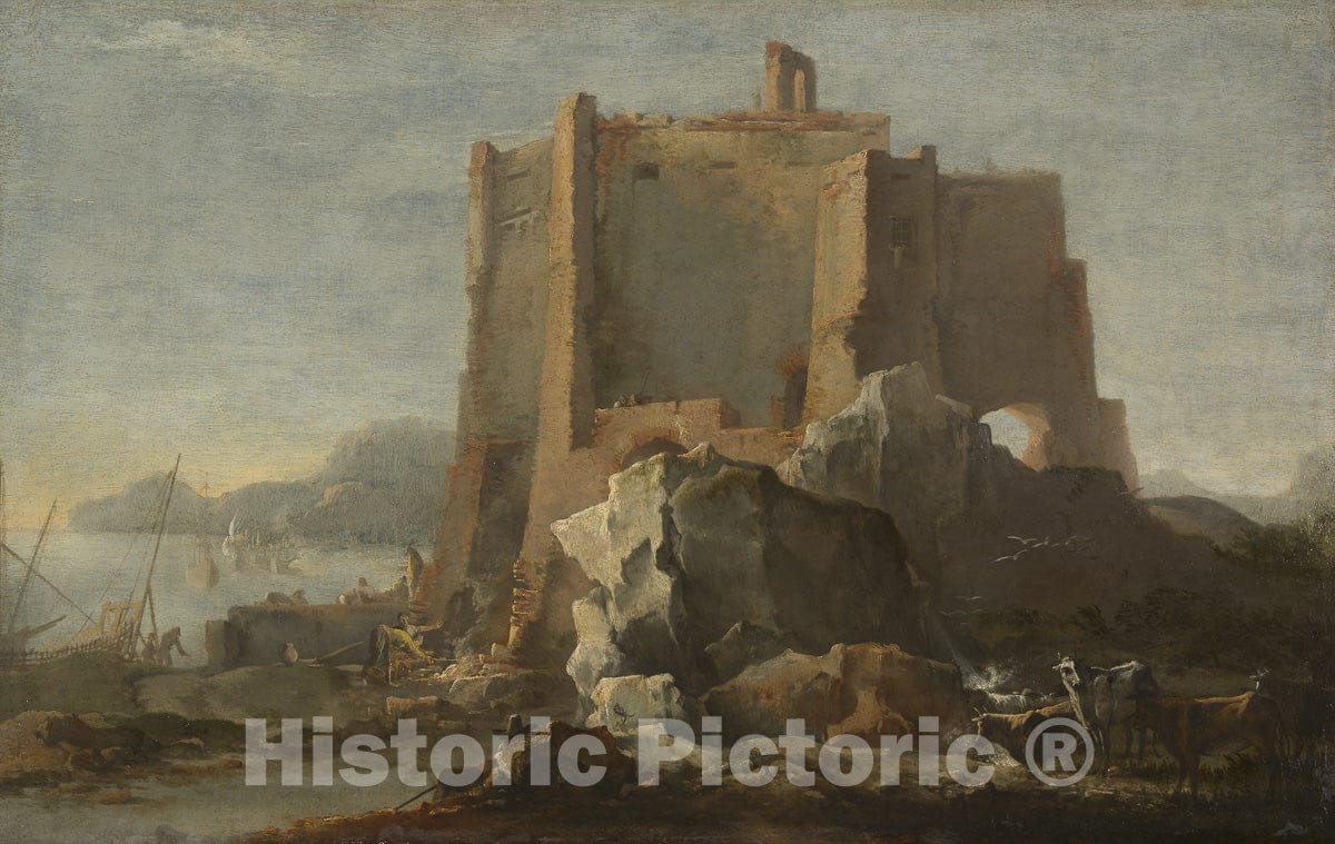 Art Print : Landscape with Rock and Fortress, Domenico Gargiuli (Micco Spadaro), c 1645, Vintage Wall Decor :