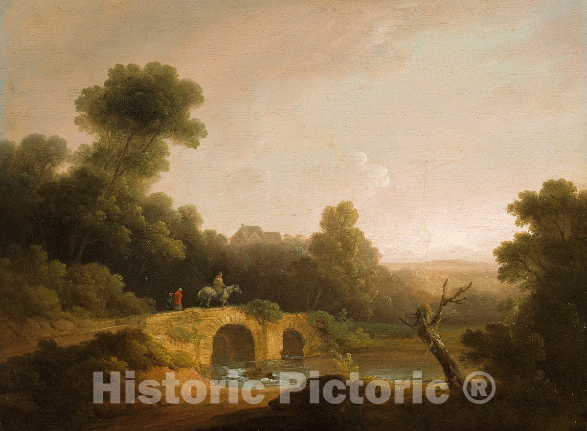 Art Print : Landscape with Figures Crossing a Bridge, John Rathbone, 1790, Vintage Wall Decor :