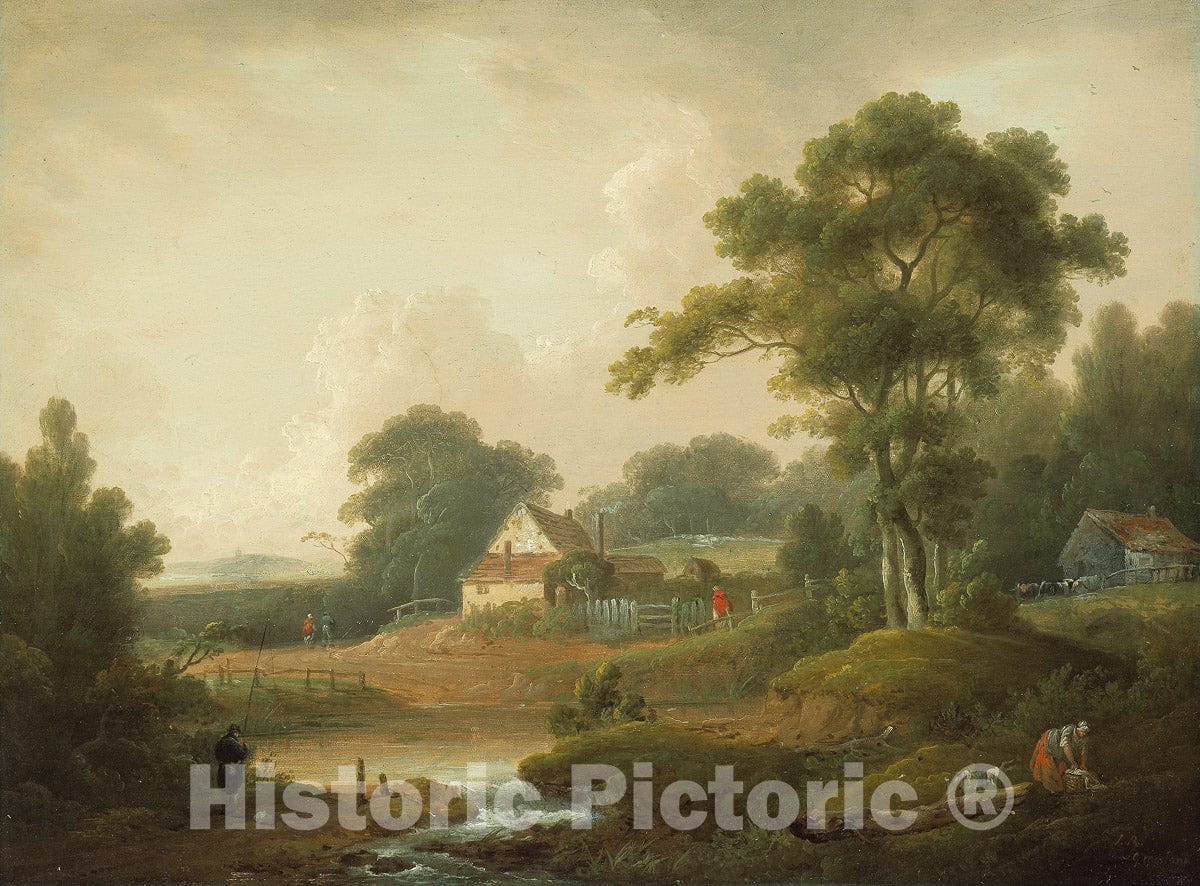 Art Print : Landscape with Fisherman and Washerwoman, John Rathbone, 1790, Vintage Wall Decor :