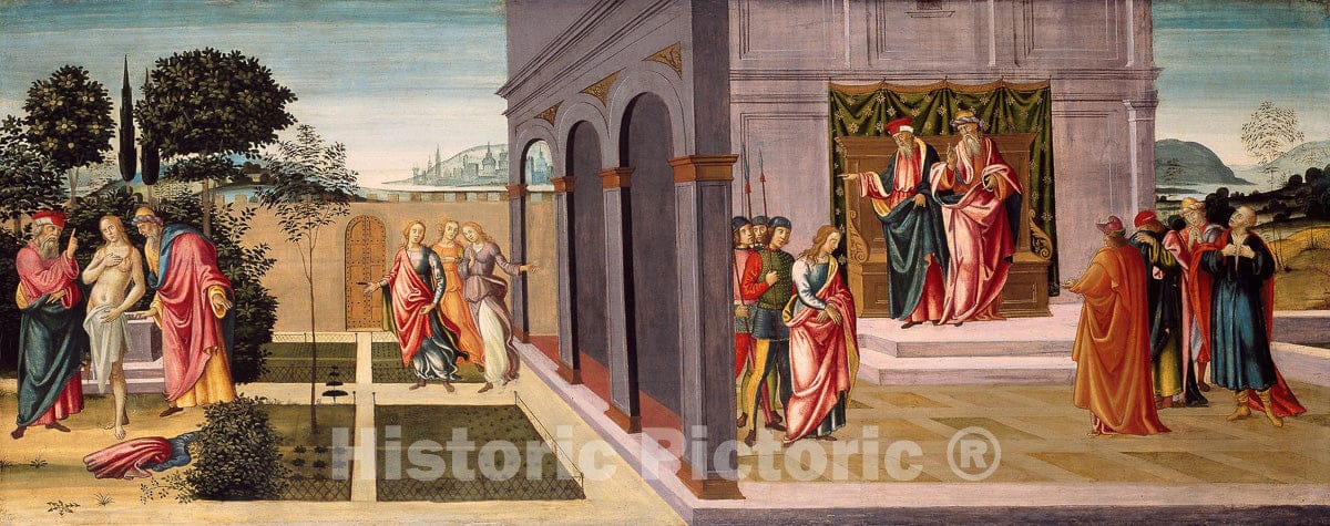 Art Print : Susanna and the Elders in the Garden, and the Trial of Susanna before the Elders, Master of Apollo and Daphne, c 1495, Vintage Wall Decor :