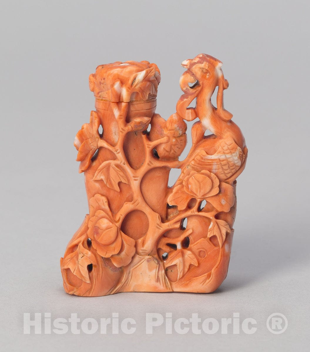 Art Print : Snuff Bottle with Phoenix Standing by Peonies and a Vase, c 1850, Vintage Wall Decor :