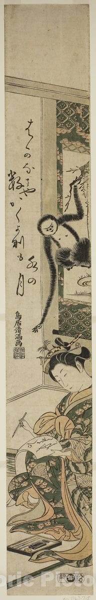 Art Print : Young woman and gibbon, Torii Kiyomitsu I, c 1768, Vintage Wall Decor :