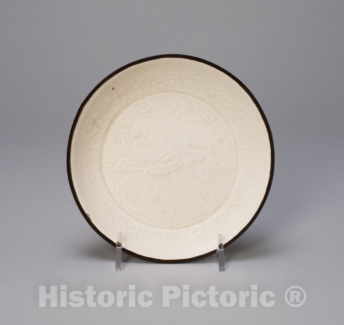 Art Print : Dish with Mythical Bovine (Xiniu) amid Waves Viewing the Moon and Constellations, c 1150, Vintage Wall Decor :