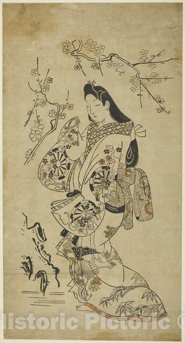 Art Print : A Young Woman Walking near a Plum Tree, Artist unknown, c 1688, Vintage Wall Decor :