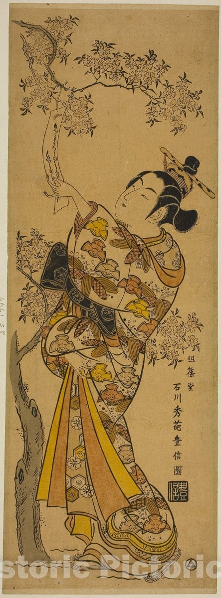Art Print : Young Woman Reading Tanzaku Tied to a Cherry Tree, Ishikawa Toyonobu, c 1741, Vintage Wall Decor :