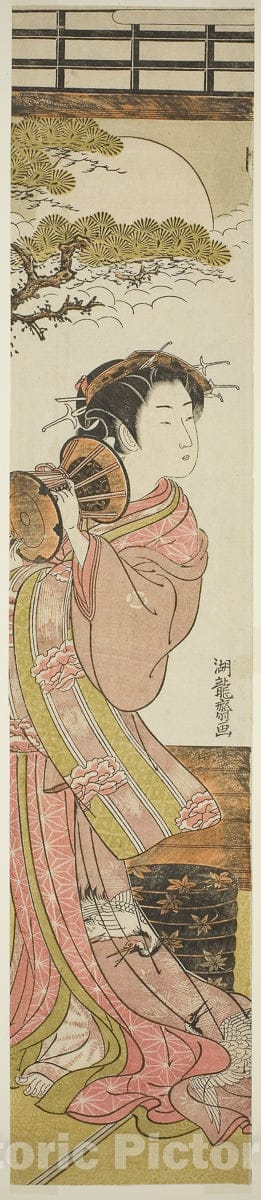 Art Print : Courtesan Playing a Hand Drum, Isoda Koryusai, c 1770, Vintage Wall Decor :