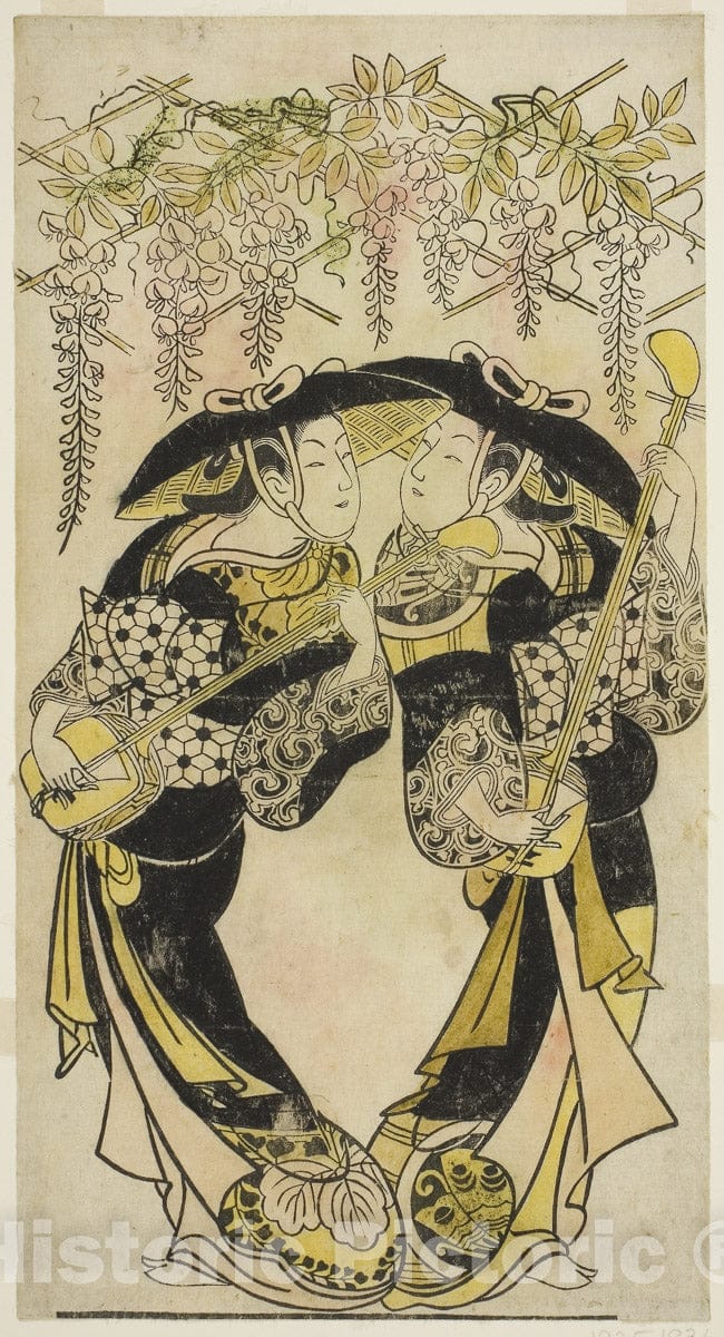 Art Print : The Actors Sanjo Kantaro (right) and Fujimura Handayu (left) as musicians playing under wisteria, Artist Unknown, c 1718, Vintage Wall Decor :