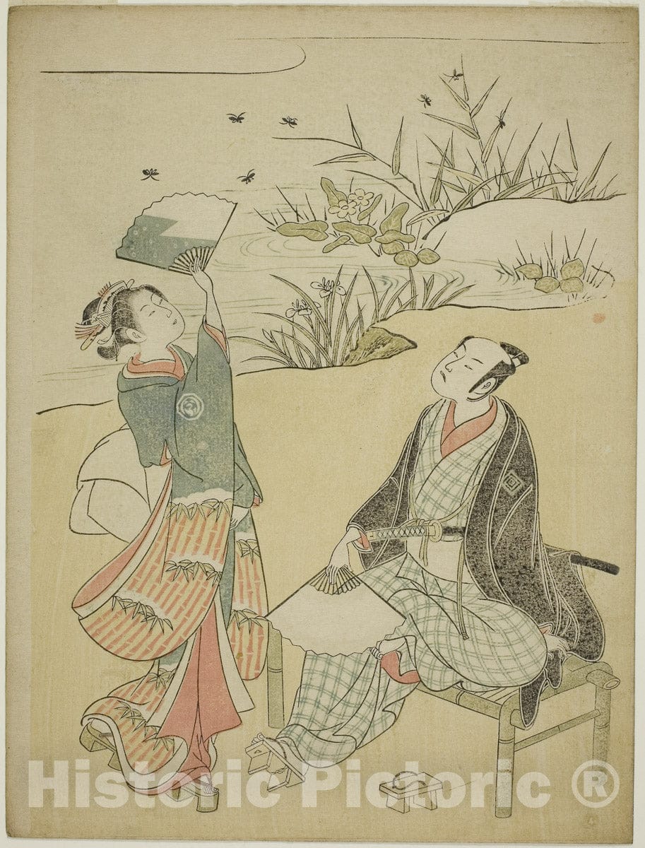 Art Print : Two Actors Catching Fireflies, Torii Kiyomitsu I, c 1768, Vintage Wall Decor :