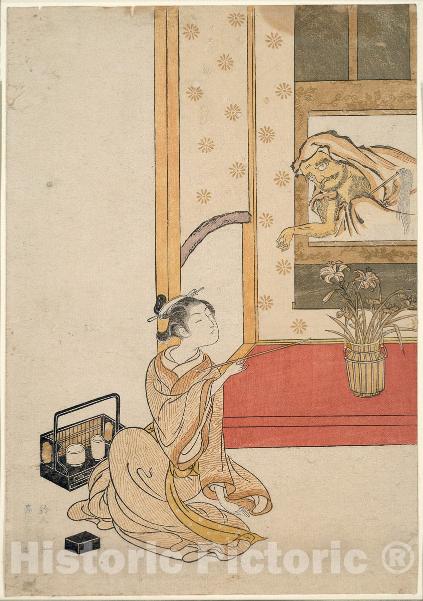 Art Print : Giving Daruma a Smoke, Suzuki Harunobu, 1765, Vintage Wall Decor :
