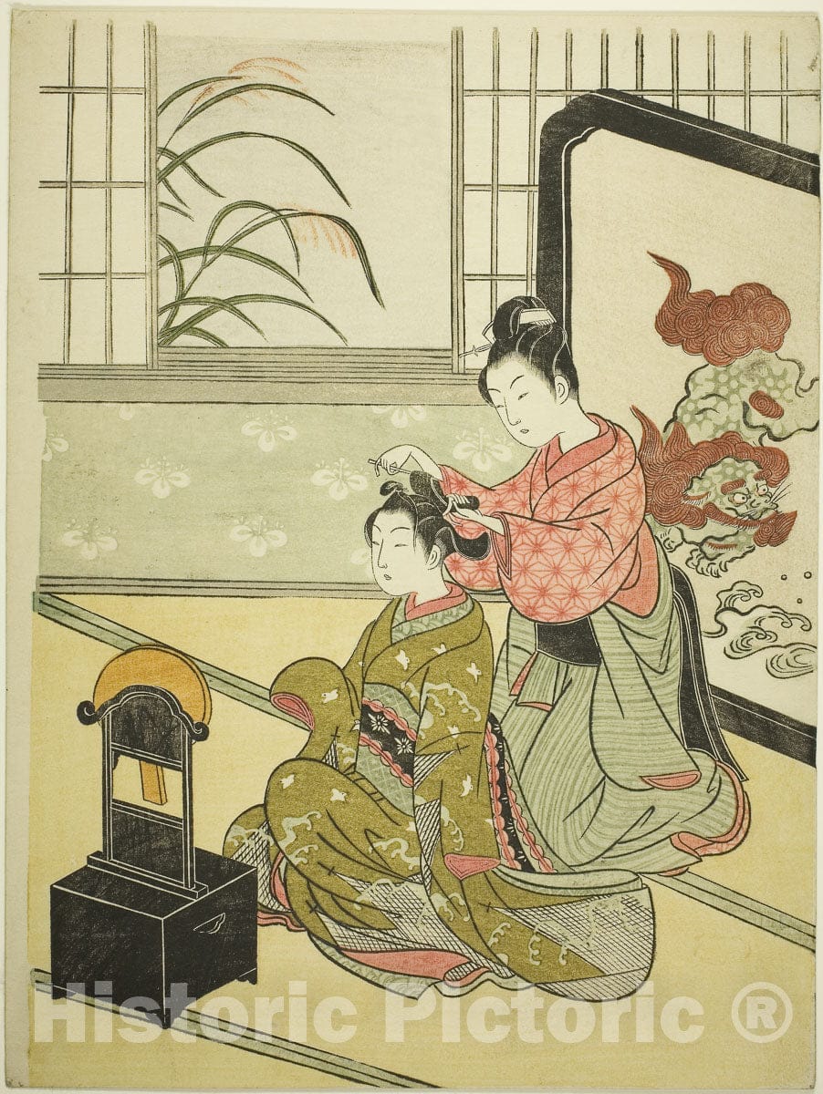 Art Print : Autumn Moon in the Mirror (Kyodai no shugetsu), from the series "Eight Views of the Parlor (Zashiki hakkei)", Suzuki Harunobu, c 1766, Vintage Wall Decor :