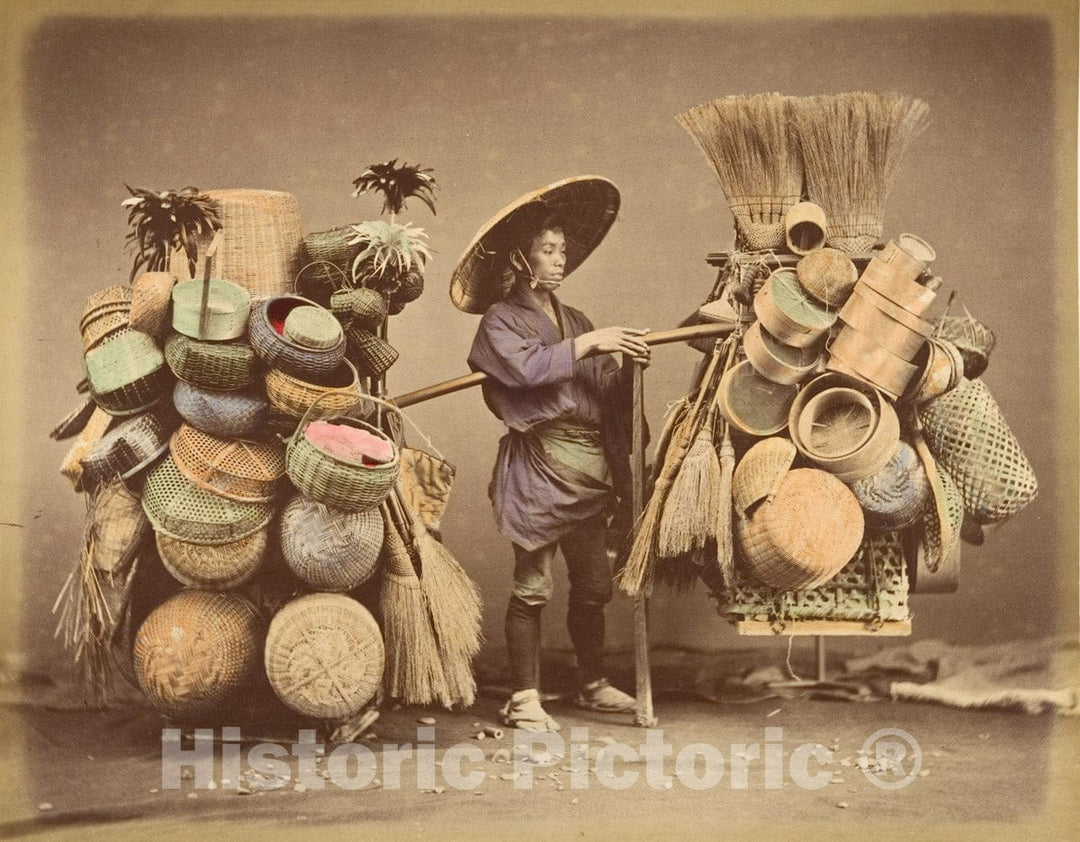 Photo Print : Japanese Man Posing with Baskets, Brooms and Feather Dusters : Vintage Wall Art