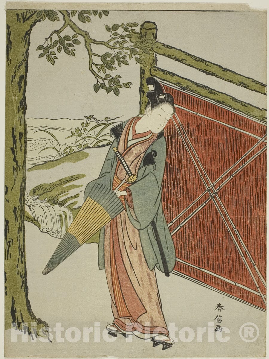 Art Print : Young Man Holding Umbrella Beside a Fence, Suzuki Harunobu, c 1766, Vintage Wall Decor :