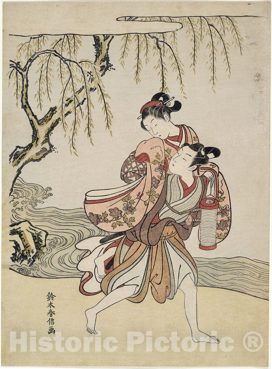 Art Print : The Elopement (parody of Akutagawa episode from "Tales of Ise"), Suzuki Harunobu, c 1762, Vintage Wall Decor :