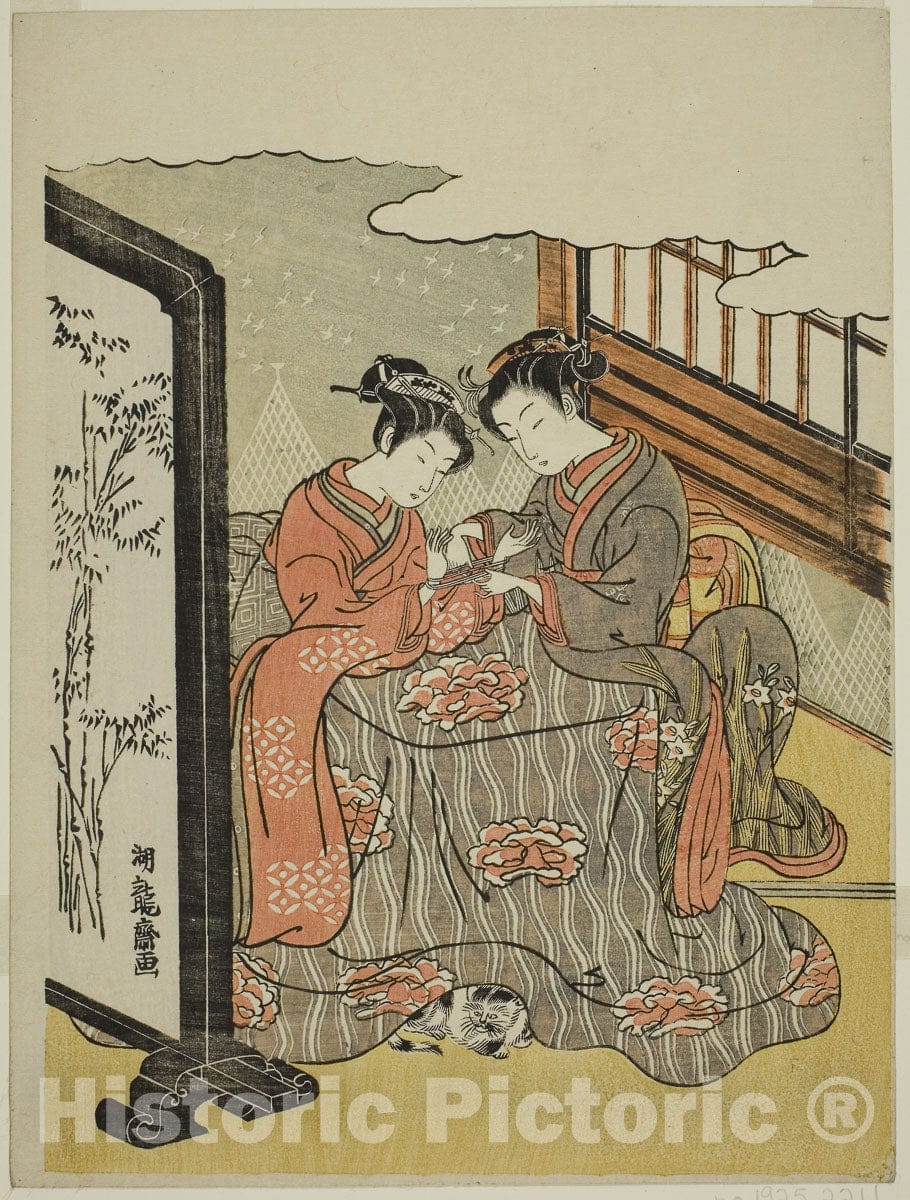 Art Print : Two Young Women Playing Cats Cradle, Isoda Koryusai, c 1769, Vintage Wall Decor :