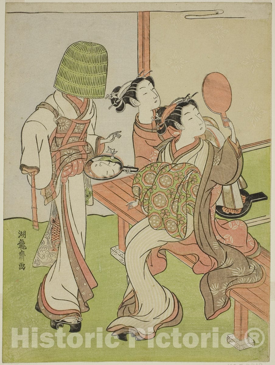 Art Print : A Courtesan and Her Attendant Using Mirrors to Identify a Mendicant Monk, Isoda Koryusai, c 1767, Vintage Wall Decor :