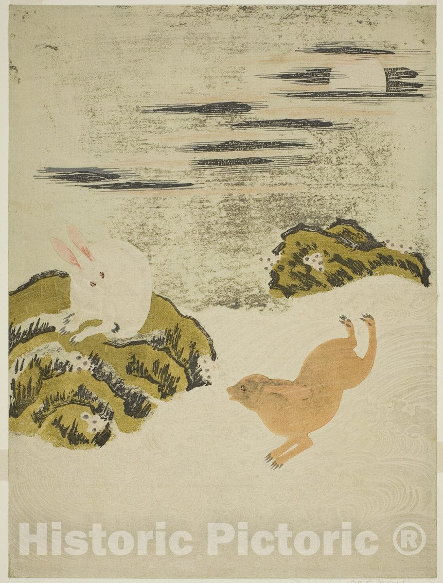 Art Print : Hares Playing in Surf on a Moonlit Night, Isoda Koryusai, c 1771, Vintage Wall Decor :