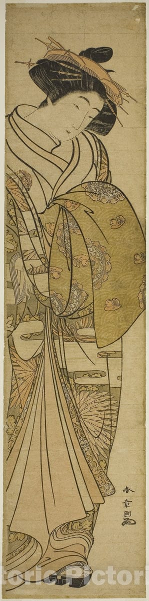 Art Print : Courtesan Wearing a Chrysanthemum-Patterned Kimono, Katsukawa Shunsho, c 1776, Vintage Wall Decor :