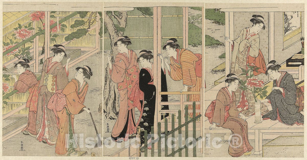 Art Print : Women Admiring Peonies, Katsukawa ShunchÃ´, c 1795, Vintage Wall Decor :